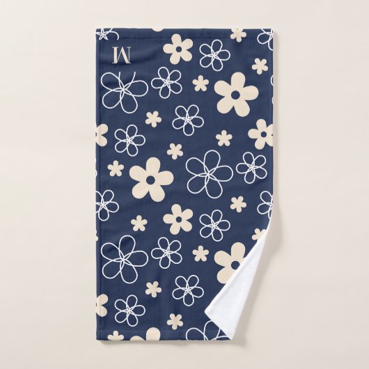 Marine blauw crème bloem patroon retro bad handdoek (Handdoek)