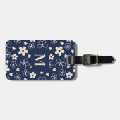 Marine blauw crème bloem patroon retro bagagelabel (Voorkant horizontaal)