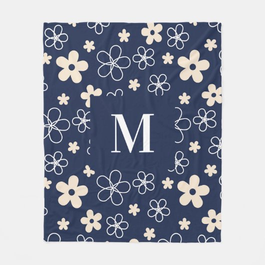 Marine blauw crème bloem patroon retro fleece deken (Voorkant)