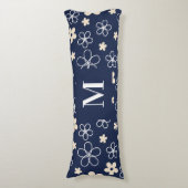 Marine blauw crème bloem patroon retro lichaamskussen (Voorkant Verticaal)