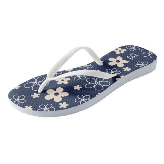 Marine blauw crème bloem patroon retro teenslippers (Schuin)