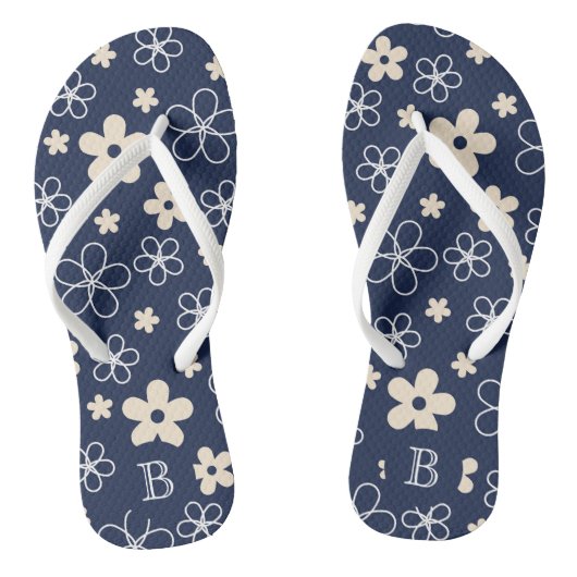 Marine blauw crème bloem patroon retro teenslippers (Voetbed)