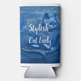 Marine blauw Custom Art Nouveau kat Stijlvolle Cat Seltzer Blikjeskoeler