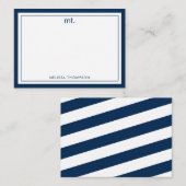 Marine Blauw Dubbele Grens Modern Monogram Gestree Notitiekaartje (Voorkant / Achterkant)
