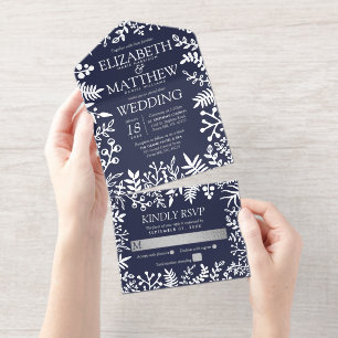 Marine Blauw & Echt Zilveren Folie Bloemen Huwelij All In One Uitnodiging