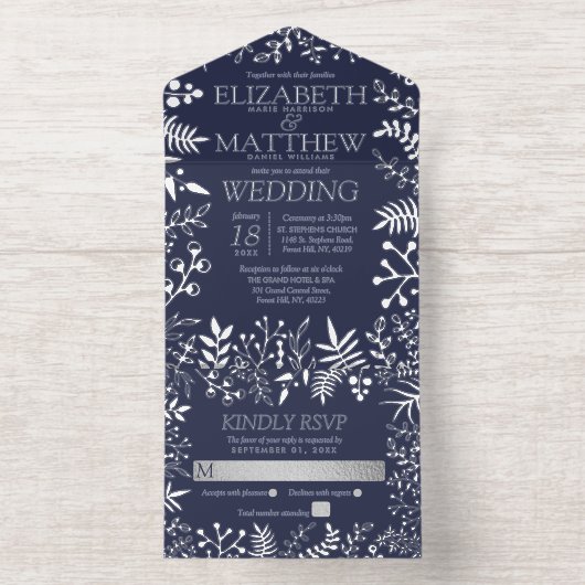 Marine Blauw & Echt Zilveren Folie Bloemen Huwelij All In One Uitnodiging (Binnenkant)