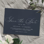Marine Blauw | Eenvoudig Elegant  Script bruiloft Save The Date<br><div class="desc">en eenvoudig bewaar de datumkaarten met een -stijl script. Wit lettertype op een contrasterende donkerblauwe achtergrond.</div>
