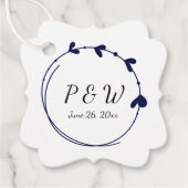 Marine Blauw Eenvoudige Hart Krans Monogram Huweli Bedankjes Labels (Voorkant)