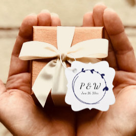 Marine Blauw Eenvoudige Hart Krans Monogram Huweli Bedankjes Labels