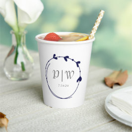 Marine Blauw Eenvoudige Hart Krans Monogram Huweli Papieren Bekers