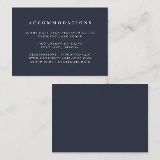 Marine Blauw Effen Kleur Bruiloft Accommodaties Informatiekaartje (Voorkant / Achterkant)