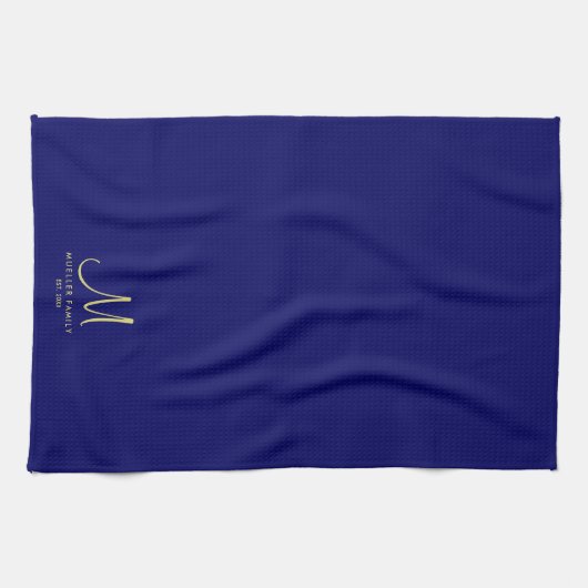 Marine Blauw Effen Kleur Goud Monogram Familienaam Theedoek (Horizontaal)