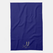 Marine Blauw Effen Kleur Goud Monogram Familienaam Theedoek (Verticaal)