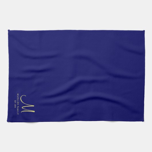 Marine Blauw Effen Kleur Goud Monogrammed Familien Theedoek (Horizontaal)