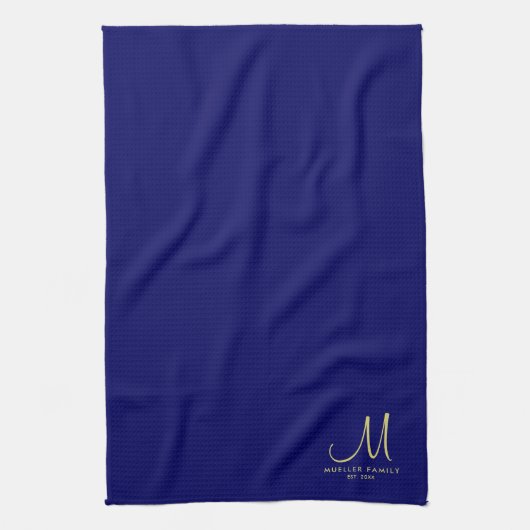 Marine Blauw Effen Kleur Goud Monogrammed Familien Theedoek (Verticaal)
