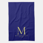 Marine Blauw Effen Kleur Goud Monogrammed Familien Theedoek (Verticaal)