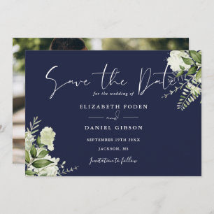 Marine Blauw Elegant Groen Bloemen Foto Bruiloft Save The Date