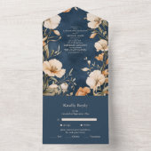 Marine Blauw Elegant Ivoor Bloemen Huwelijk All In One Uitnodiging (Binnen)