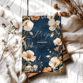 Marine Blauw Elegant Ivoor Bloemen Huwelijk RSVP Kaartje