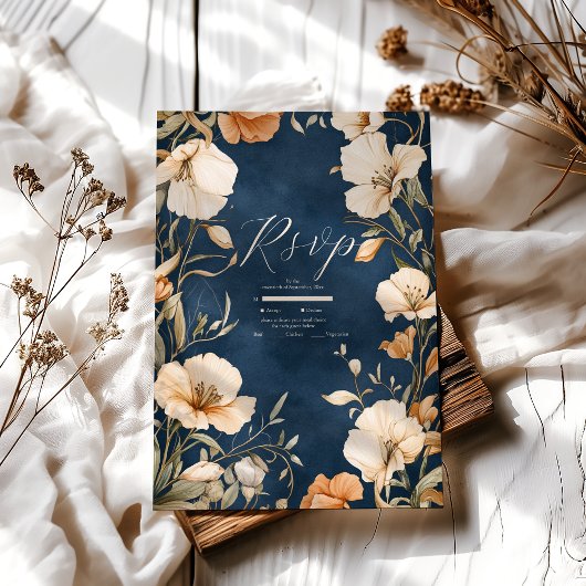 Marine Blauw Elegant Ivoor Bloemen Huwelijk RSVP Kaartje