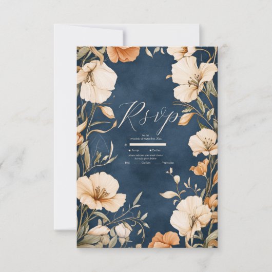 Marine Blauw Elegant Ivoor Bloemen Huwelijk RSVP Kaartje (Voorkant)