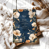 Marine Blauw Elegant Ivoor Bloemen Huwelijk Save The Date