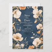 Marine Blauw Elegant Ivoor Bloemen Huwelijk Save The Date (Voorkant)