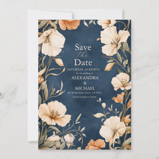 Marine Blauw Elegant Ivoor Bloemen Huwelijk Save The Date (Voorkant)