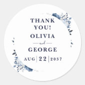 Marine Blauw Elegant Land Bloemen Huwelijksgunst Ronde Sticker (Voorkant)