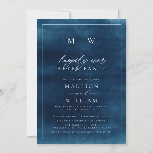 Marine blauw Elegant Monogram Elopement Bruiloft Kaart (Voorkant)