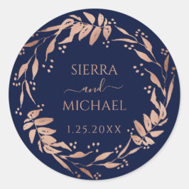 Marine Blauw | Elegant Roos Goud Bladgroen Bruilof Ronde Sticker