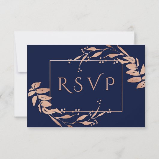 Marine Blauw | Elegant Roos Goud Bladgroen Bruilof RSVP Kaartje (Voorkant)