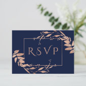Marine Blauw | Elegant Roos Goud Bladgroen Bruilof RSVP Kaartje (Staand voorkant)