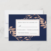 Marine Blauw | Elegant Roos Goud Bladgroen Bruilof RSVP Kaartje (Achterkant)
