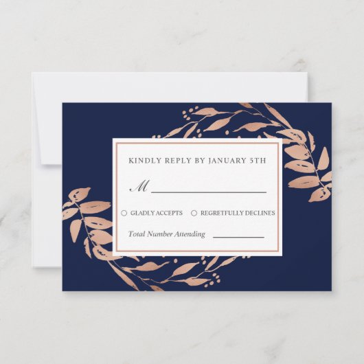 Marine Blauw | Elegant Roos Goud Bladgroen Bruilof RSVP Kaartje (Achterkant)