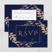 Marine Blauw | Elegant Roos Goud Bladgroen Bruilof RSVP Kaartje (Voorkant / Achterkant)