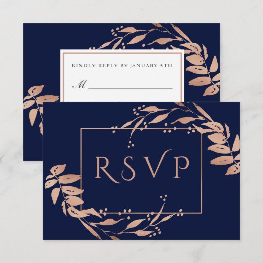 Marine Blauw | Elegant Roos Goud Bladgroen Bruilof RSVP Kaartje (Voorkant / Achterkant)