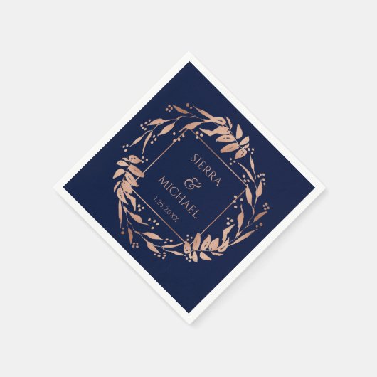 Marine Blauw | Elegant Roos Goud Bladgroen Bruilof Servet (Hoek)
