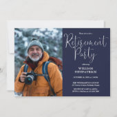 Marine Blauw Elegant Script Foto Pensioen Partij Kaart (Voorkant)