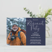 Marine Blauw Elegant Script Foto Pensioen Partij Kaart (Staand voorkant)