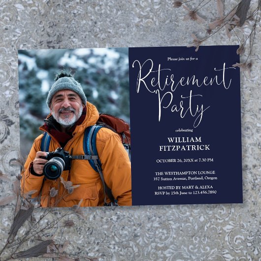 Marine Blauw Elegant Script Foto Pensioen Partij Kaart