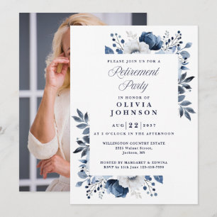 Marine Blauw Elegante Bloemen Pensioen Party Foto Kaart