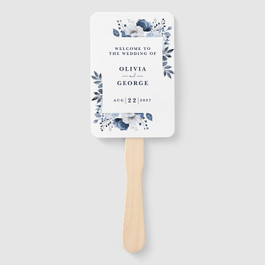 Marine Blauw Elegante Bloemen Trouwprogramma Handwaaier (Voorkant)