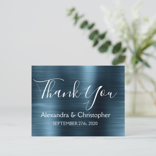 Marine Blauw Elegante bruiloft Dank u Briefkaart (Staand voorkant)