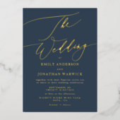 Marine Blauw Elegante Gouden Foto Overlay Wedding Folie Uitnodiging (Voorkant)