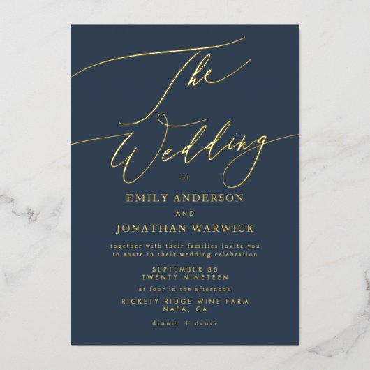 Marine Blauw Elegante Gouden Foto Overlay Wedding Folie Uitnodiging (Voorkant)