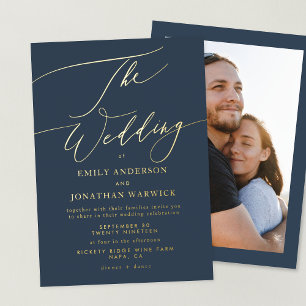 Marine Blauw Elegante Gouden Foto Overlay Wedding Folie Uitnodiging