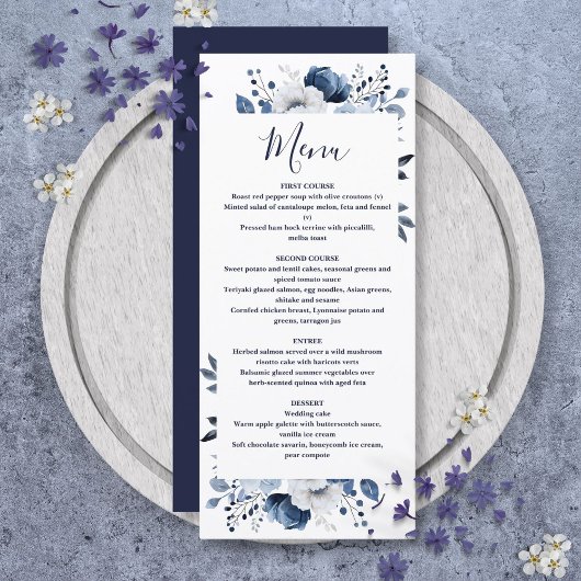 Marine Blauw Elegante Land Bloemen Huwelijk Menu