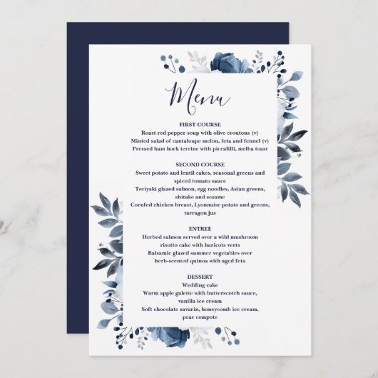Marine Blauw Elegante Land Bloemen Huwelijk Menu (Voorkant / Achterkant)