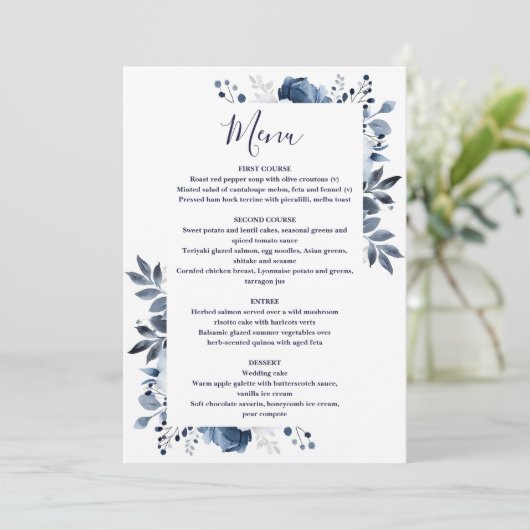 Marine Blauw Elegante Land Bloemen Huwelijk Menu (Staand voorkant)